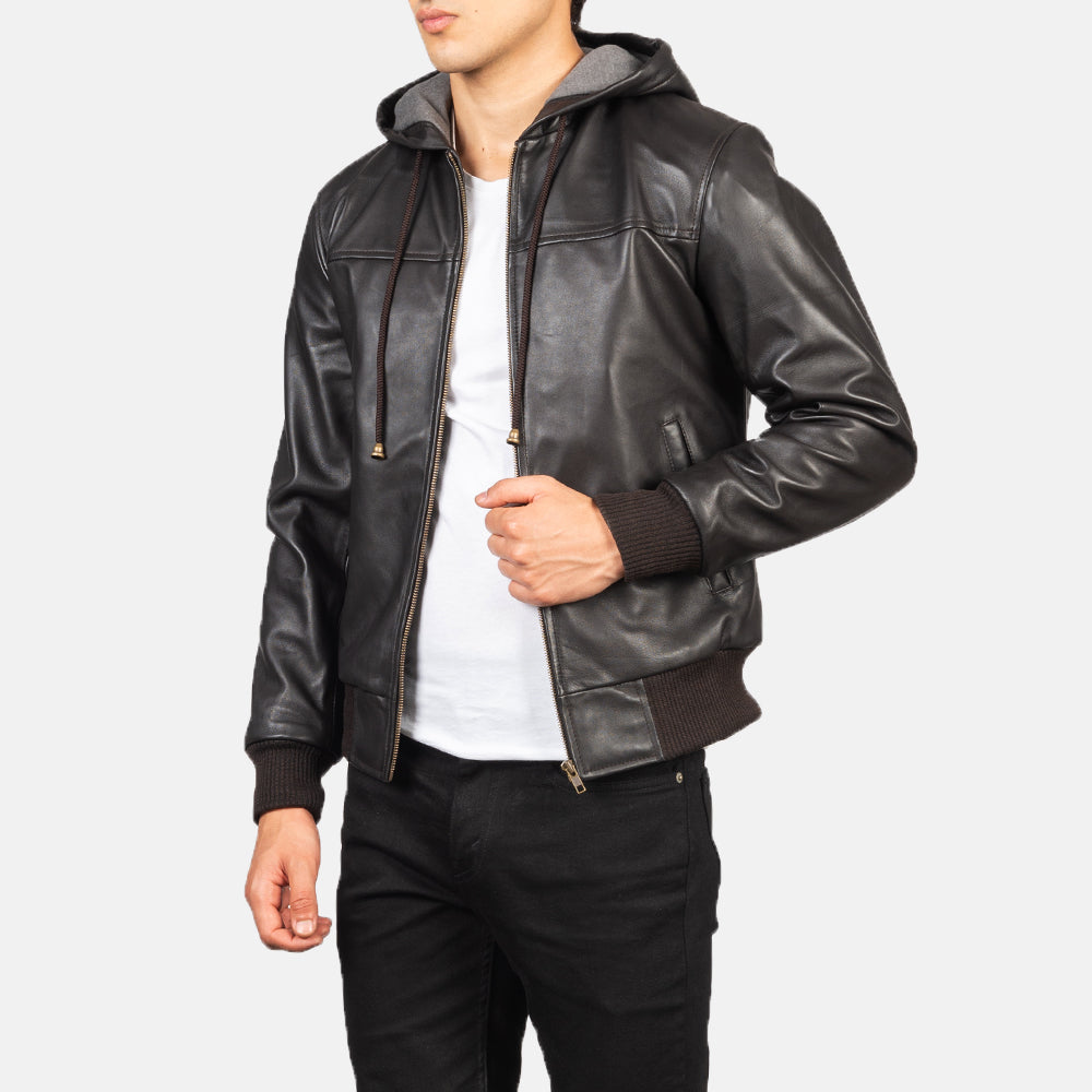 Hooded Leather Bomber Jacket - Brown